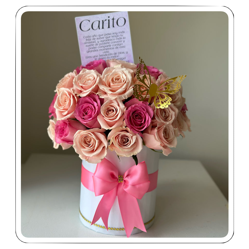 Bloom & Blush Cylinder Box – 36 Roses in Your Choice of Colors | Caja Cilíndrica con 36 Rosas Personalizadas