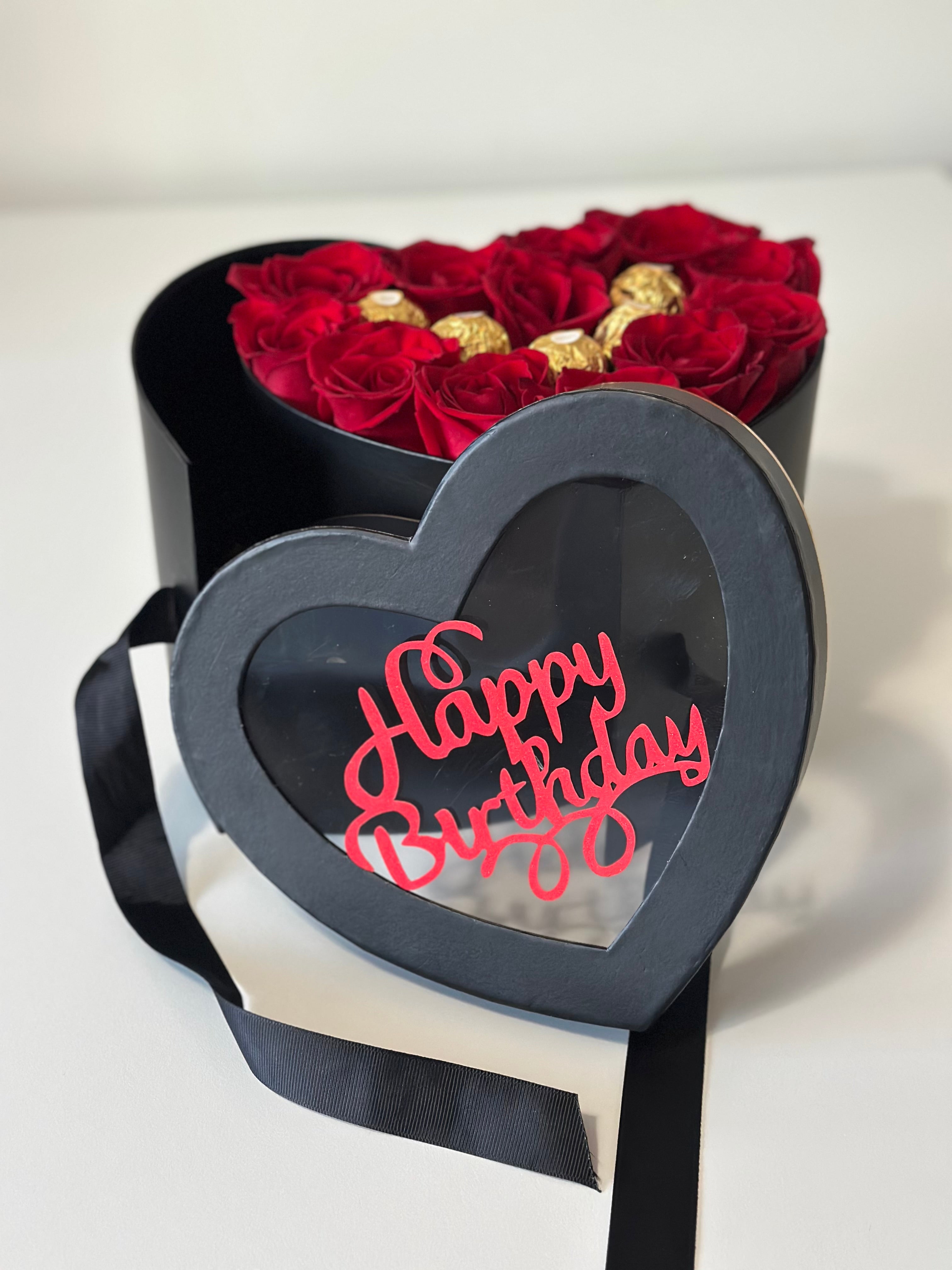 2 Level Heart Box – Roses, Ferrero Rocher & Chocolate Assortment | Caja Corazón de 2 Niveles con Rosas y Chocolates
