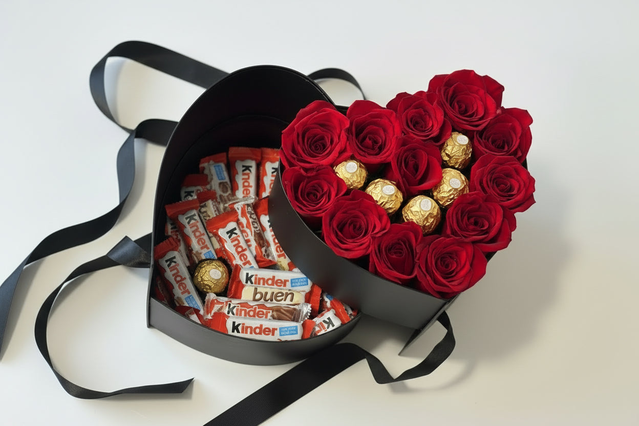 2 Level Heart Box – Roses, Ferrero Rocher & Chocolate Assortment | Caja Corazón de 2 Niveles con Rosas y Chocolates